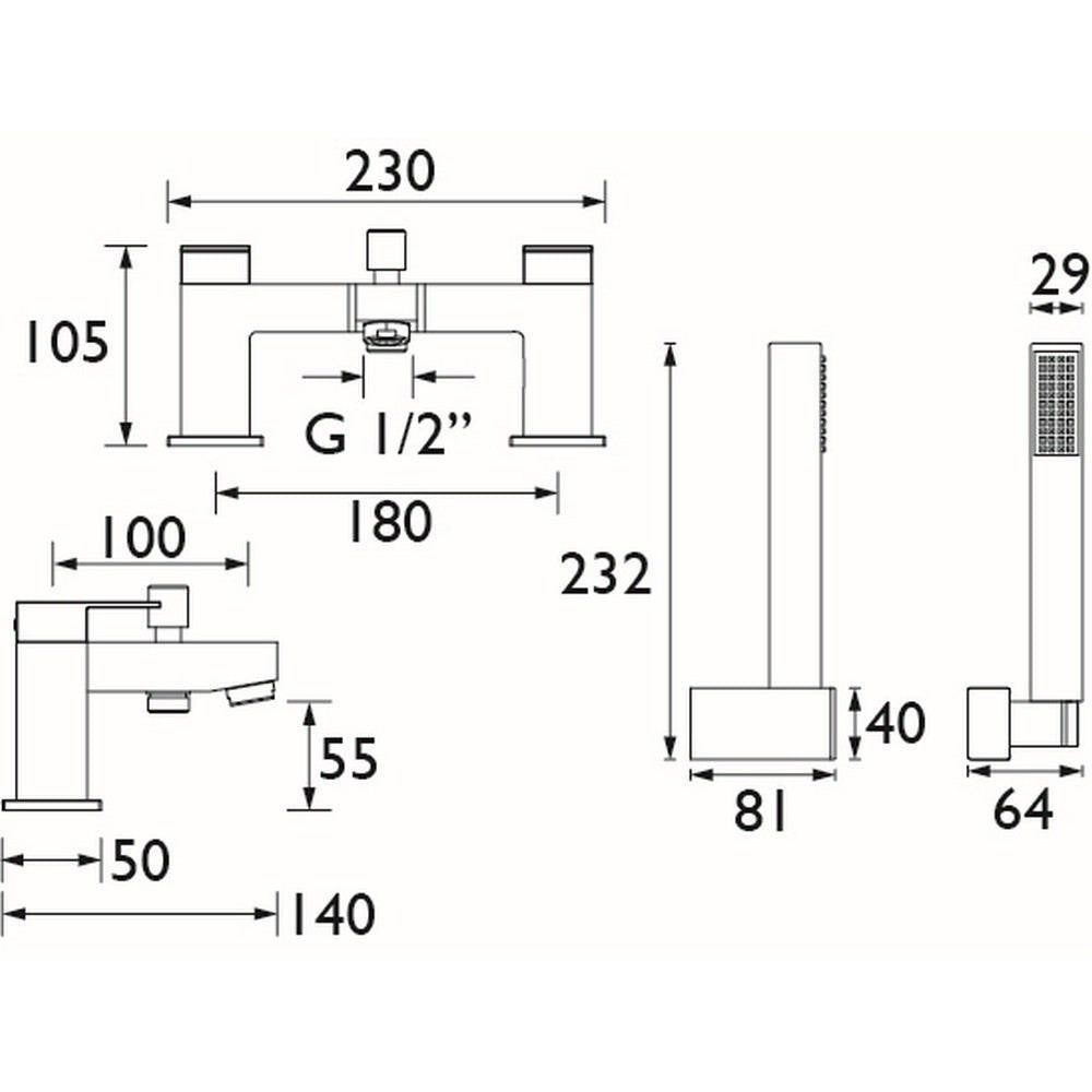 Bristan Qubo Bath Shower Mixer in Chrome Dimensions