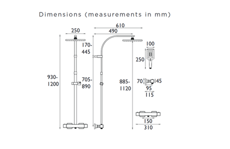 Bristan Qubo Thermostatic Bar Shower with Rigid Riser in Black dimensions