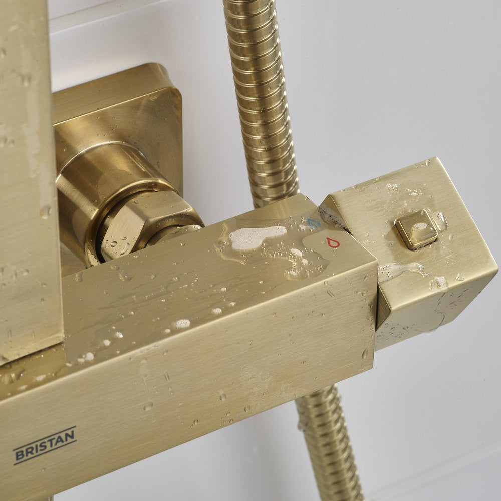 Bristan Qubo Thermostatic Bar Shower with Rigid Riser in Brushed Brass lifestyle 3