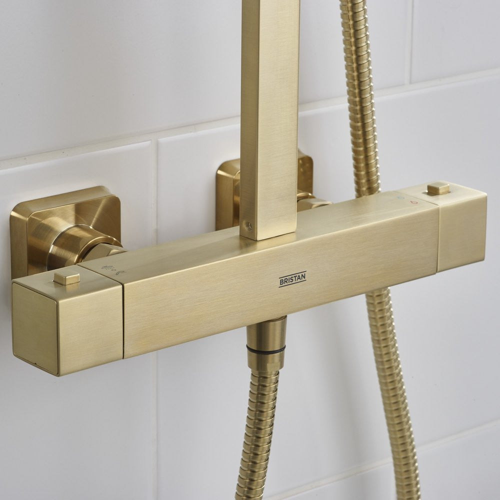 Bristan Qubo Thermostatic Bar Shower with Rigid Riser in Brushed Brass lifestyle 7