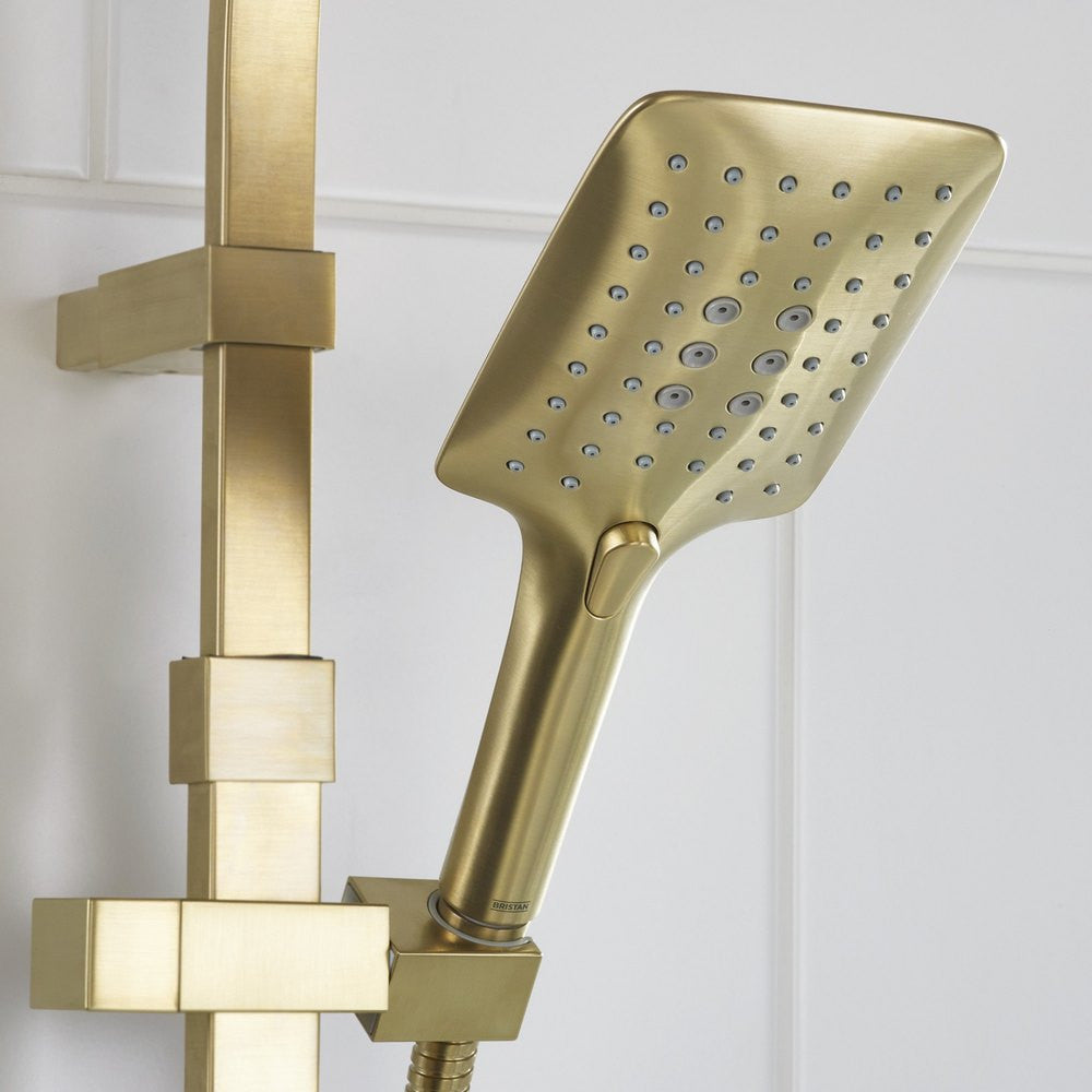 Bristan Qubo Thermostatic Bar Shower with Rigid Riser in Brushed Brass lifestyle 9
