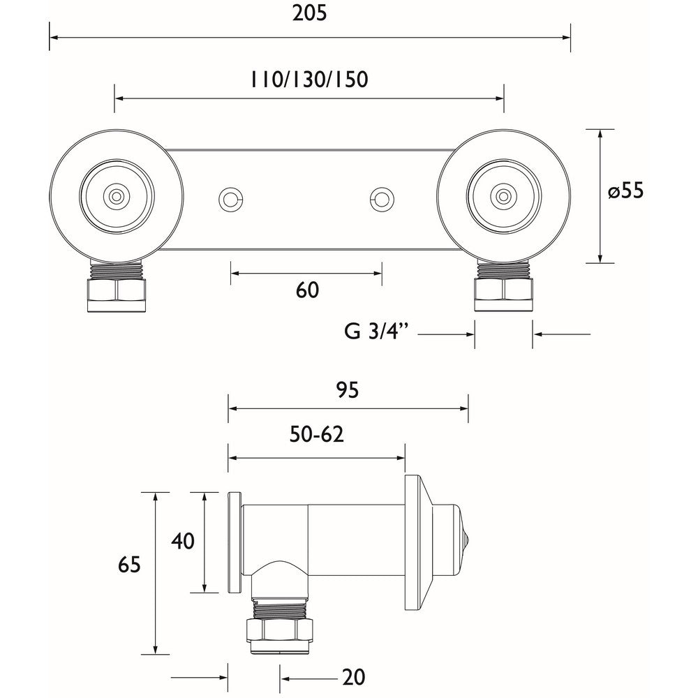 WMNT9C Bristan Recessed Wall Mount Fixing in Chrome Line Drawing
