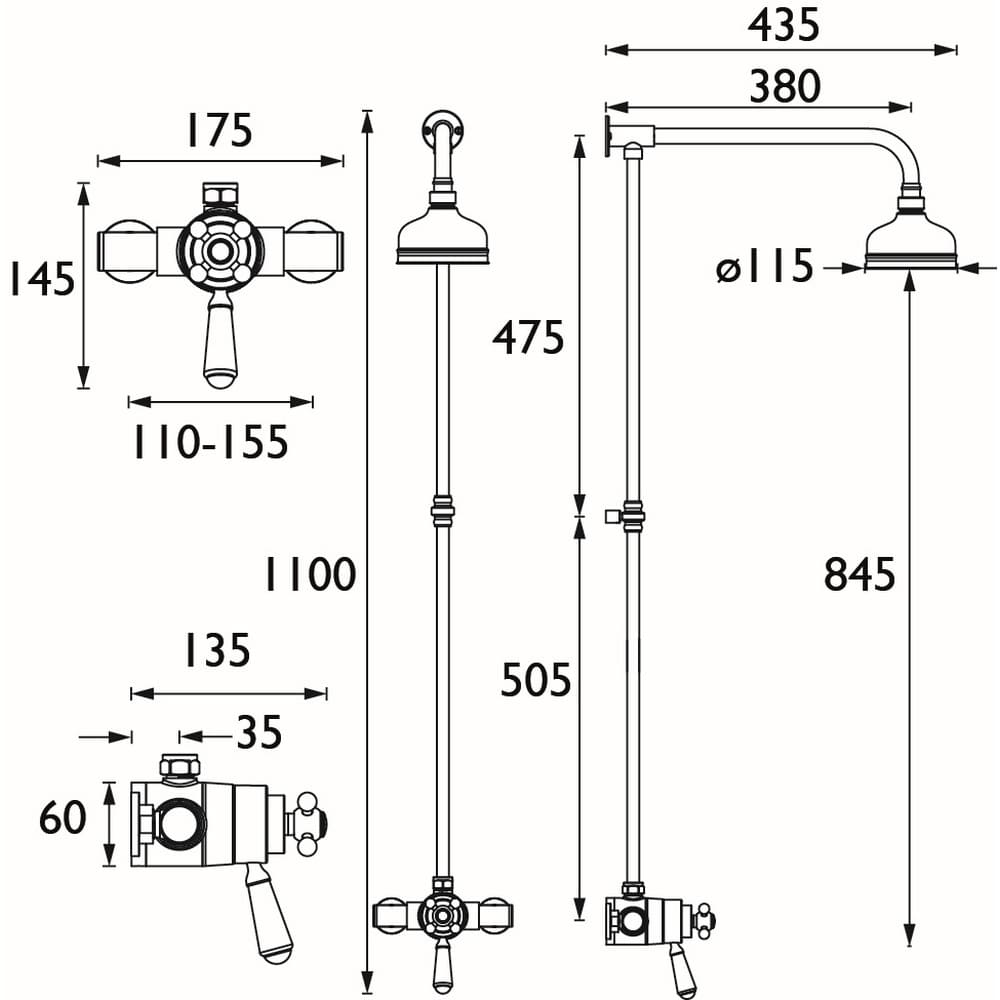 R2SHXRRC Bristan Regency Exposed Mini Shower Valve and Rigid Riser Line Drawing