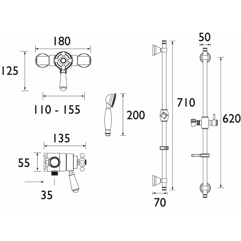 R2SHXARC Bristan Regency Exposed Mini Shower Valve and Riser Kit Line Drawing