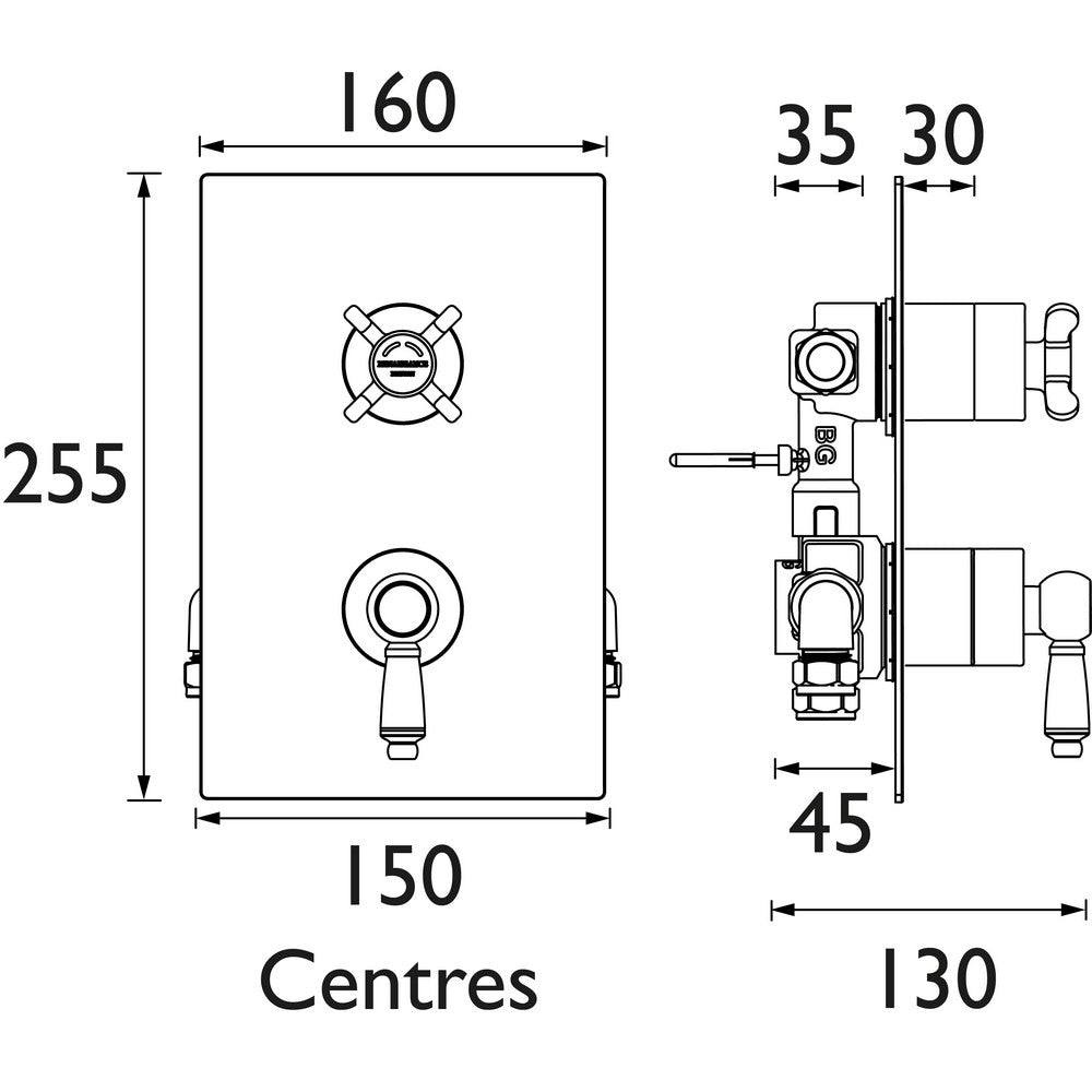 RSSHCVOC Bristan Renaissance Concealed Dual Control Shower Valve Line Drawing