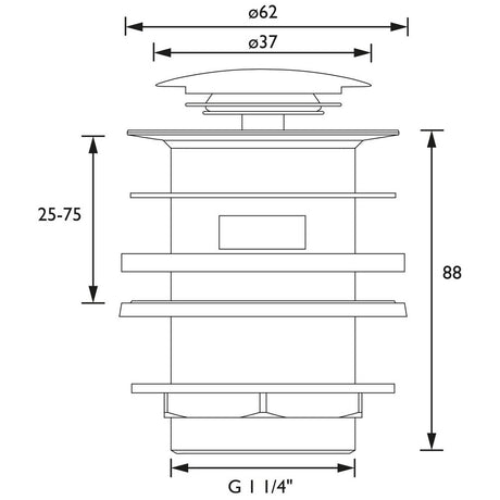 WBASIN10C Bristan Round Chrome Slotted Push Basin Waste Line Drawing