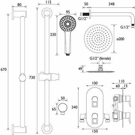 SAFFRONBBSHWRPK Bristan Saffron Brushed Brass Concealed Dual Control Shower Pack Line Drawing