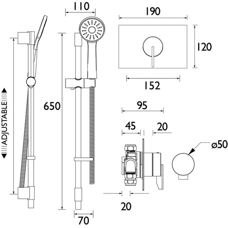 SOQ3SHCARC Bristan Sonique3 Thermostatic Concealed Shower Valve Kit Line Drawing
