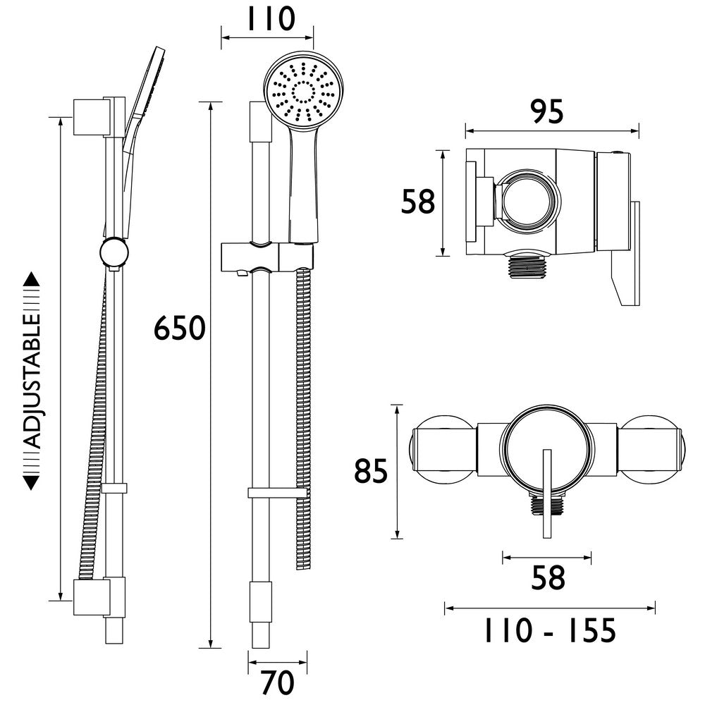SOQ3SHXARC Bristan Sonique3 Thermostatic Exposed Shower Valve Kit Line Drawing