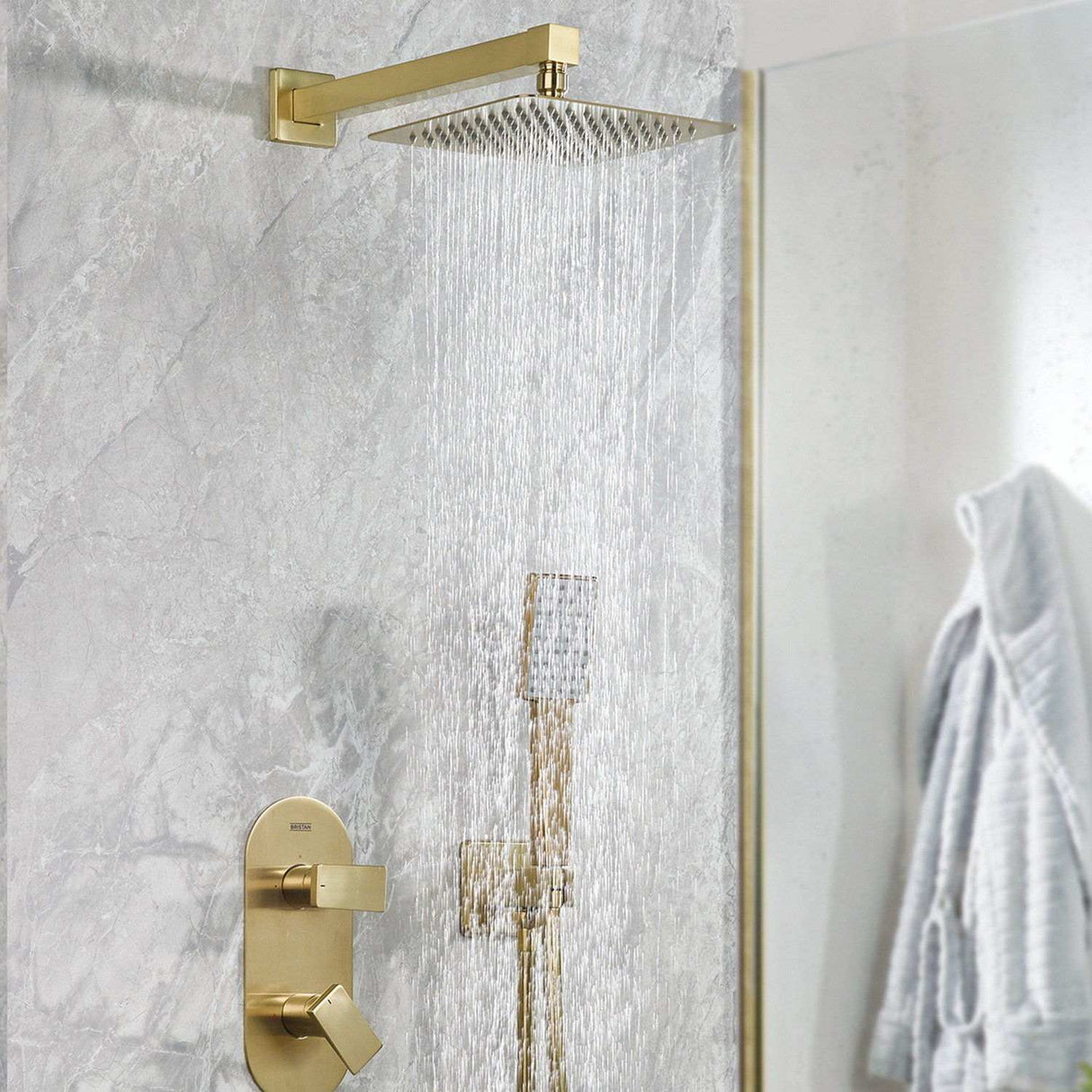 Bristan Tangram Concealed Dual Control Two Outlet Shower Pack in Brushed Brass lifestyle