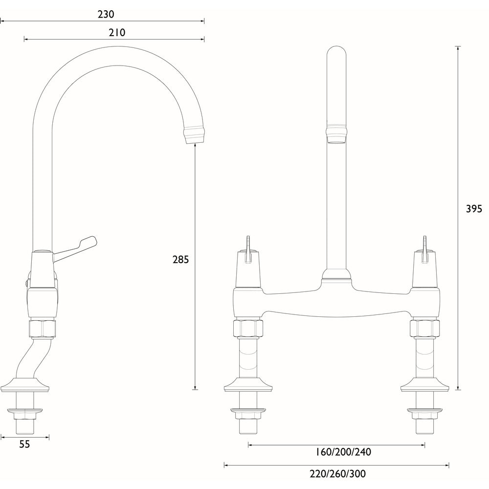 Bristan Value Lever Kitchen Bridge Sink Mixer with 3 Inch Handles Dimensions