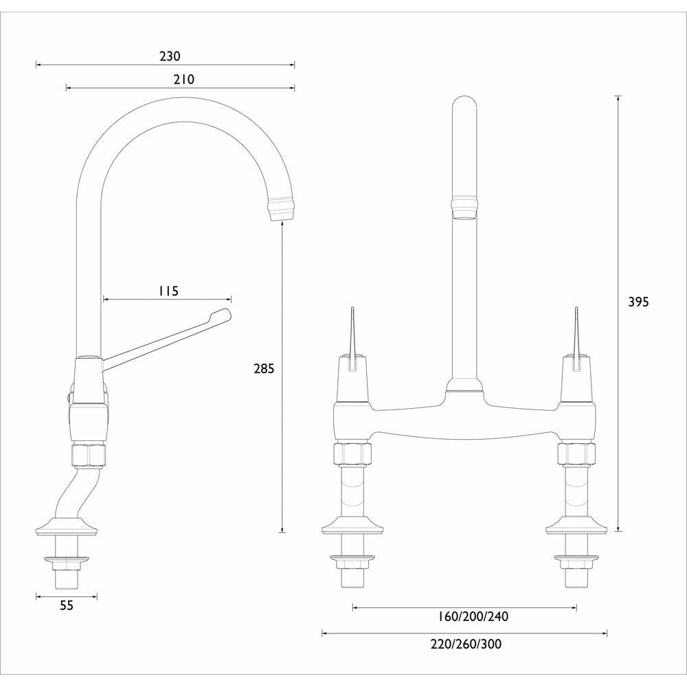 Bristan Value Lever Kitchen Bridge Sink Mixer with 6 Inch Handles Dimensions