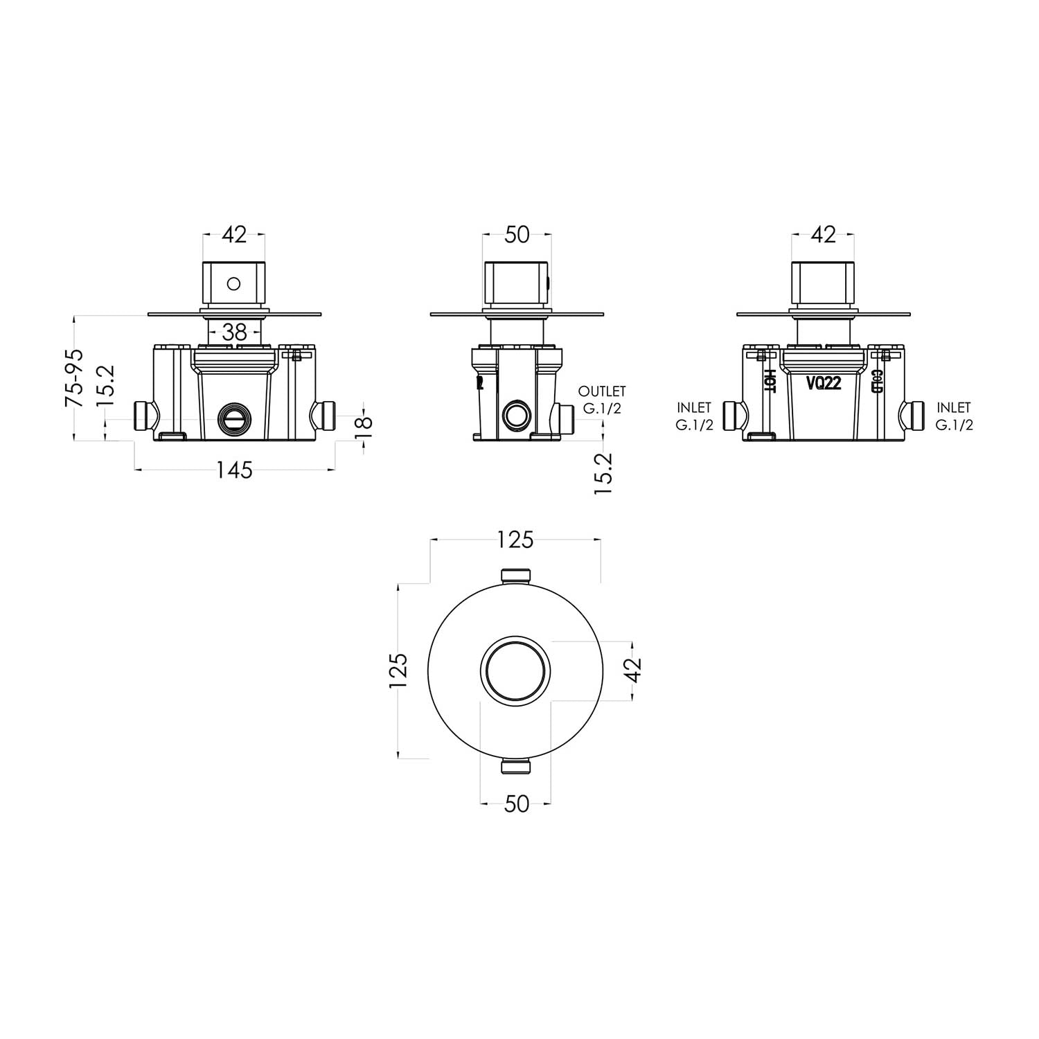 Calvarra Aspect Thermostatic Temperature Control Shower Valve in Chrome dimensions