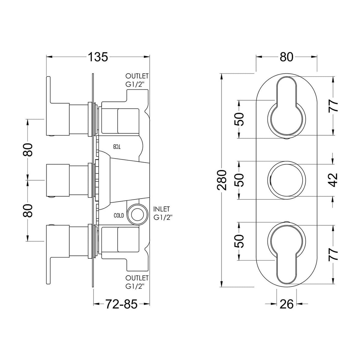 Calvarra Aspect Triple Concealed Thermostatic Shower Valve in Chrome dimensions