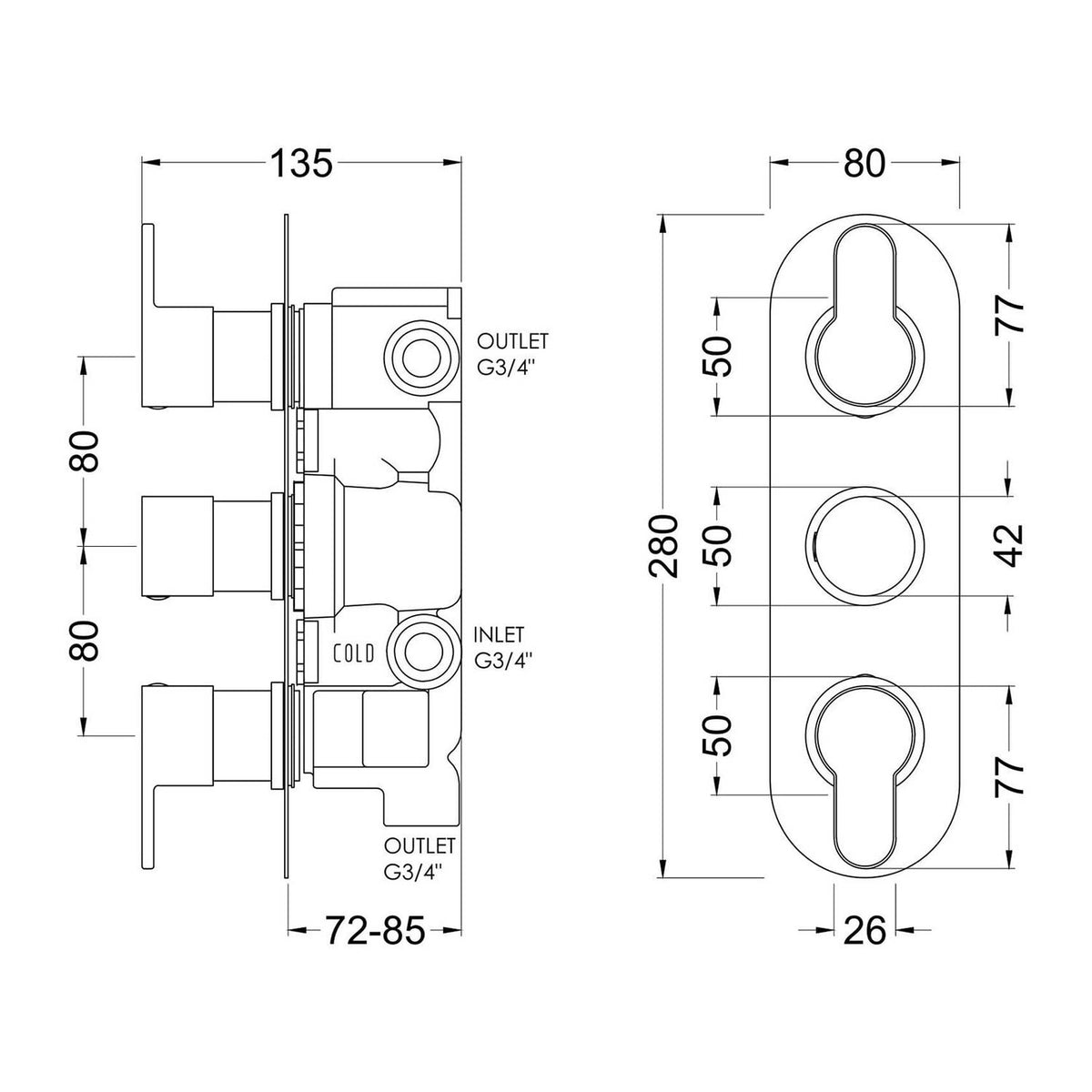 Calvarra Aspect Triple Concealed Thermostatic Shower Valve with Diverter in Chrome dimensions