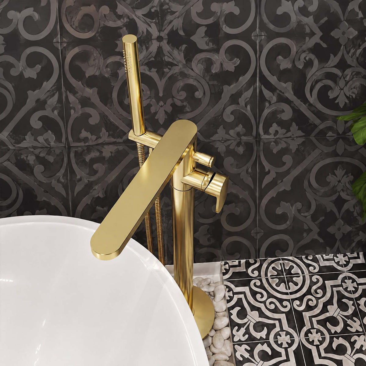 Calvarra Brindle Freestanding Bath Shower Mixer in Brushed Brass lifestyle