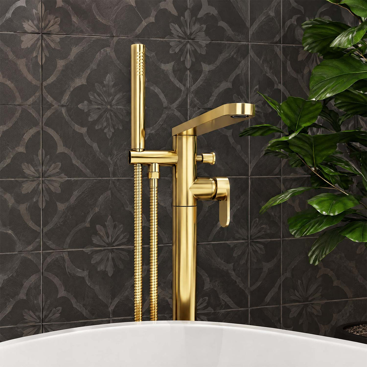 Calvarra Brindle Freestanding Bath Shower Mixer in Brushed Brass lifestyle 2 