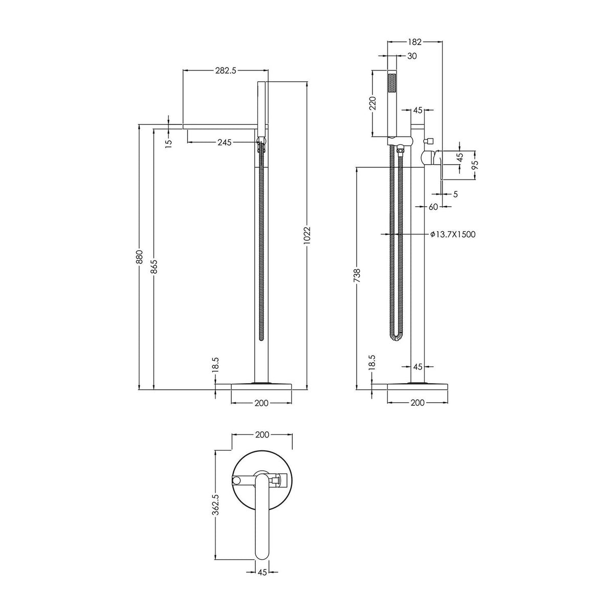 Calvarra Brindle Freestanding Bath Shower Mixer in Matt Black dimensions