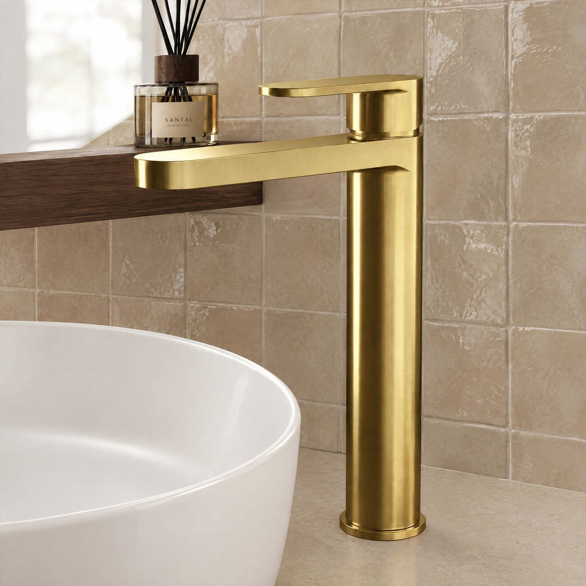 Calvarra Brindle High Rise Mono Basin Mixer in Brushed Brass lifestyle