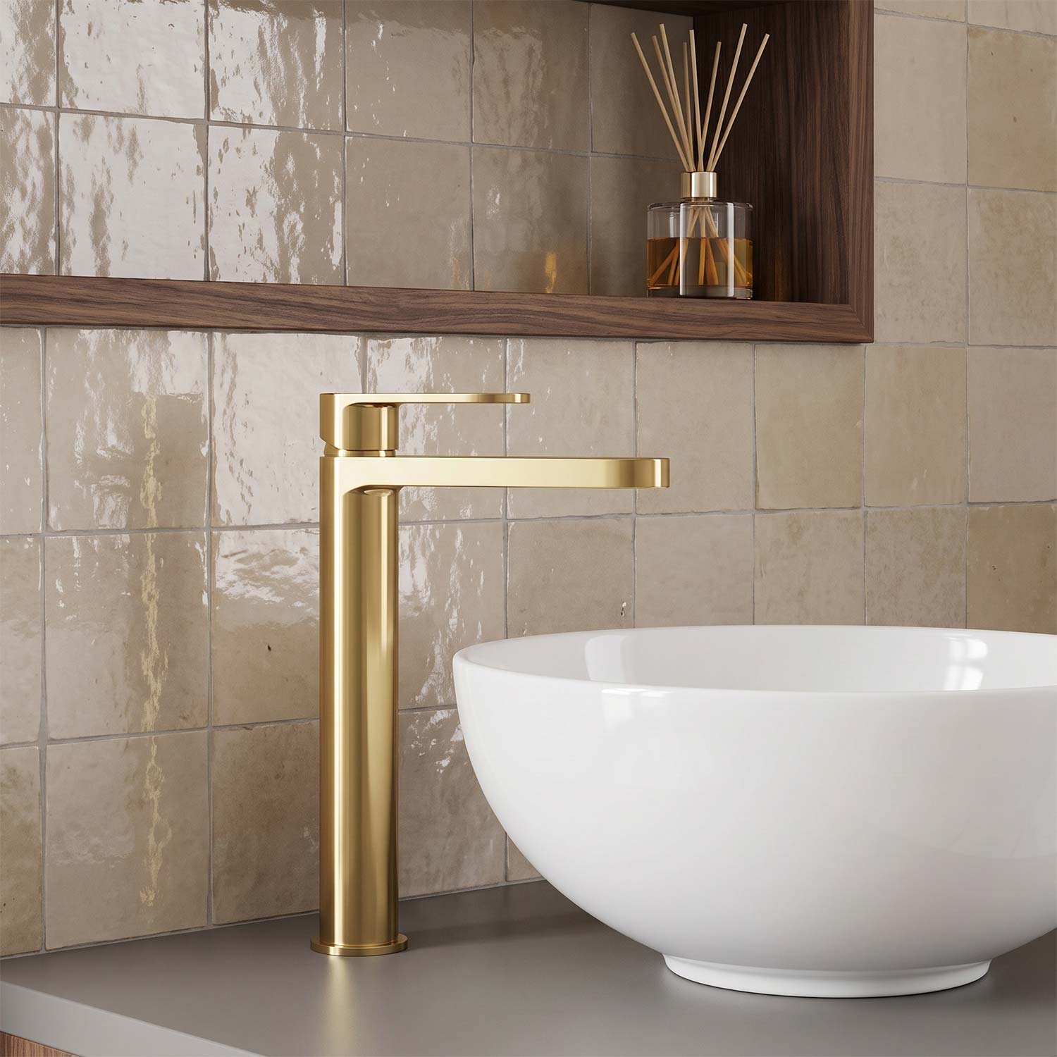 Calvarra Brindle High Rise Mono Basin Mixer in Brushed Brass lifestyle 2
