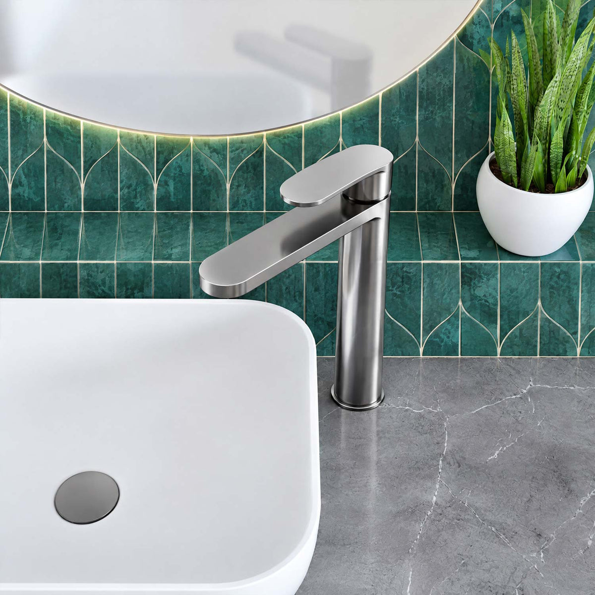 Calvarra Brindle High Rise Mono Basin Mixer in Brushed Pewter lifestyle