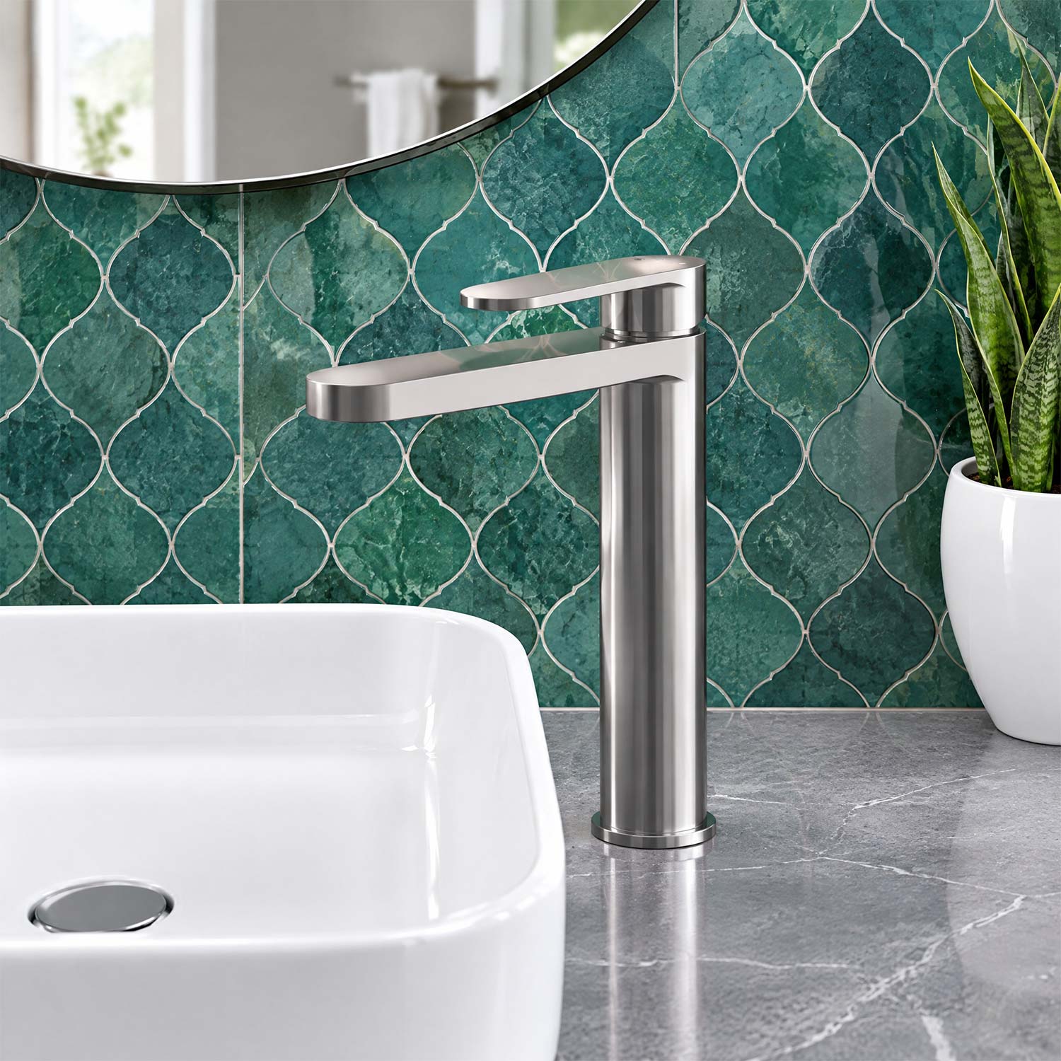 Calvarra Brindle High Rise Mono Basin Mixer in Brushed Pewter lifestyle 2