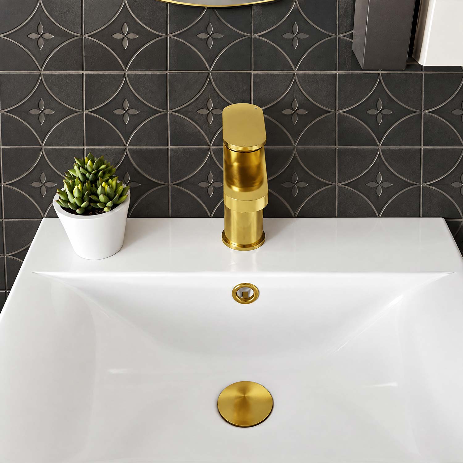 Calvarra Brindle Mono Basin Mixer With Push Button Waste in Brushed Brass lifestyle