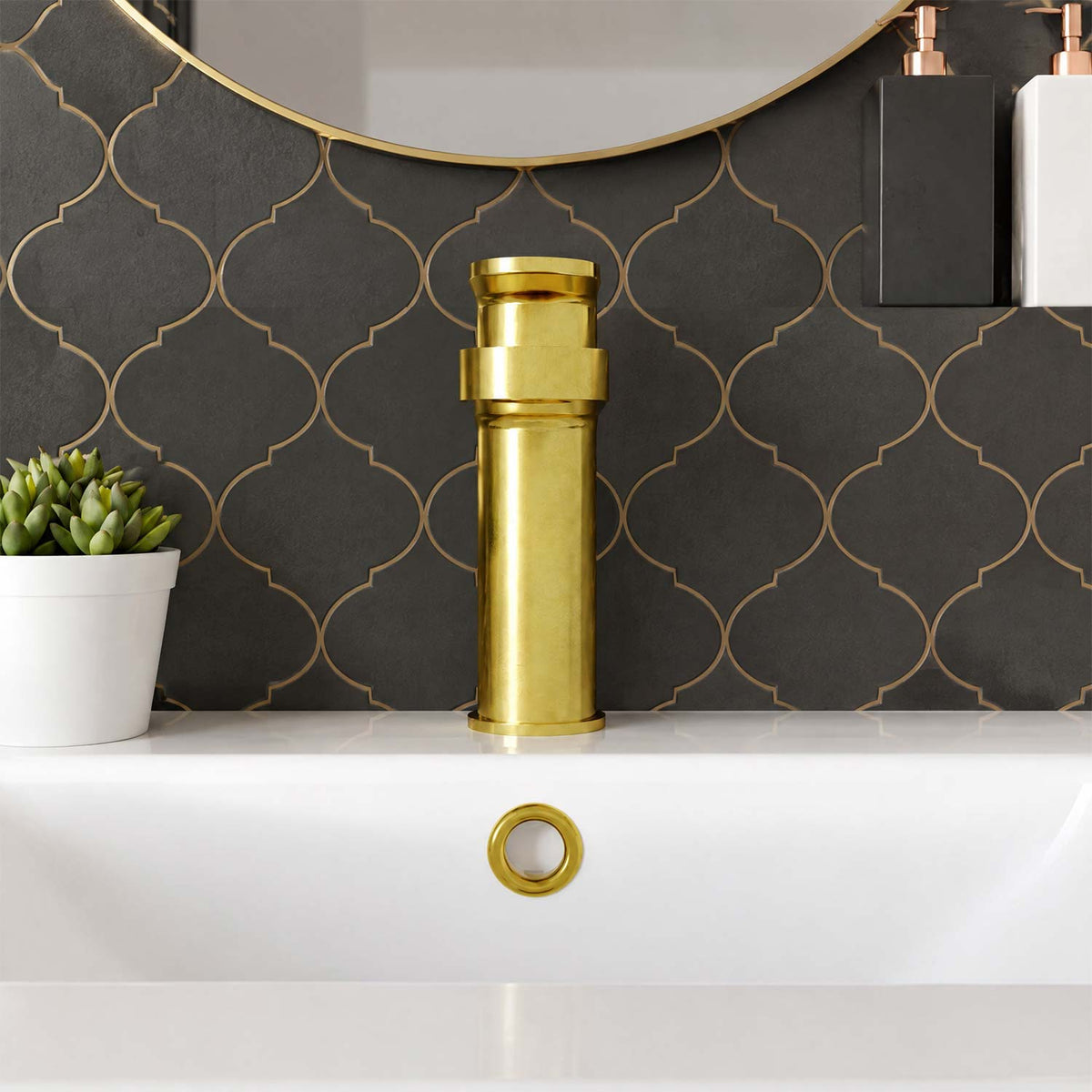 Calvarra Brindle Mono Basin Mixer With Push Button Waste in Brushed Brass lifestyle 2