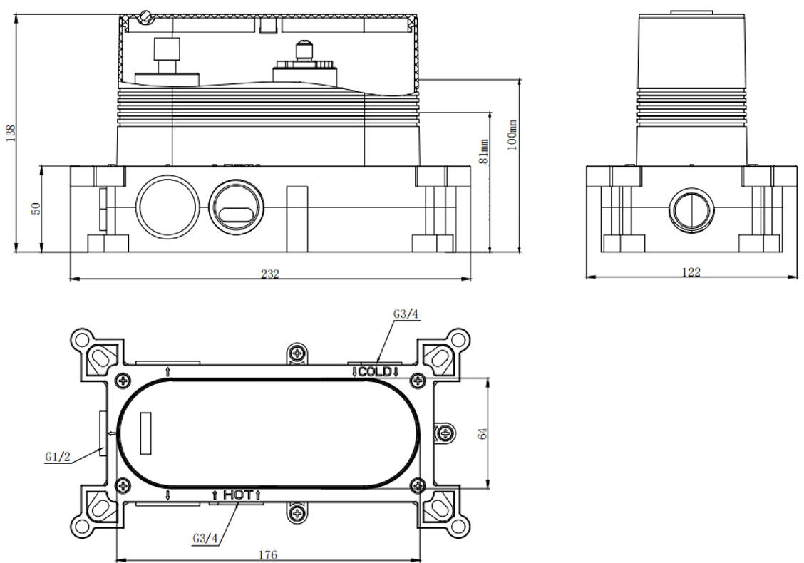 Cudore Concealed One Outlet Shower Valve with Horizontal Chrome Plate valve dimensions