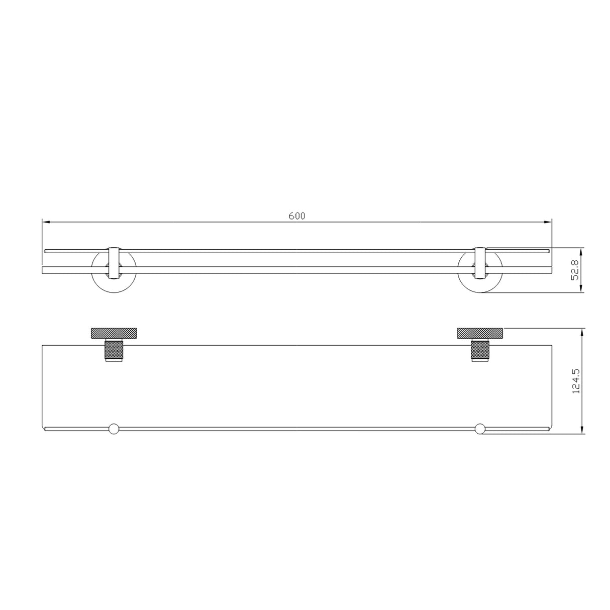 Eastbrook Catania 600mm Glass Shelf in Matt Black and Brused Brass dimensions