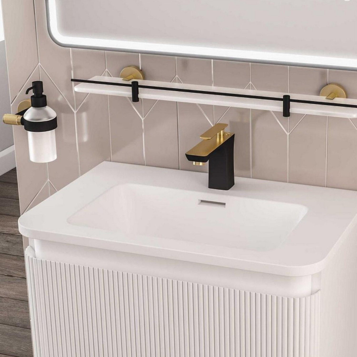 Eastbrook Catania 600mm Glass Shelf in Matt Black and Brused Brass lifestyle