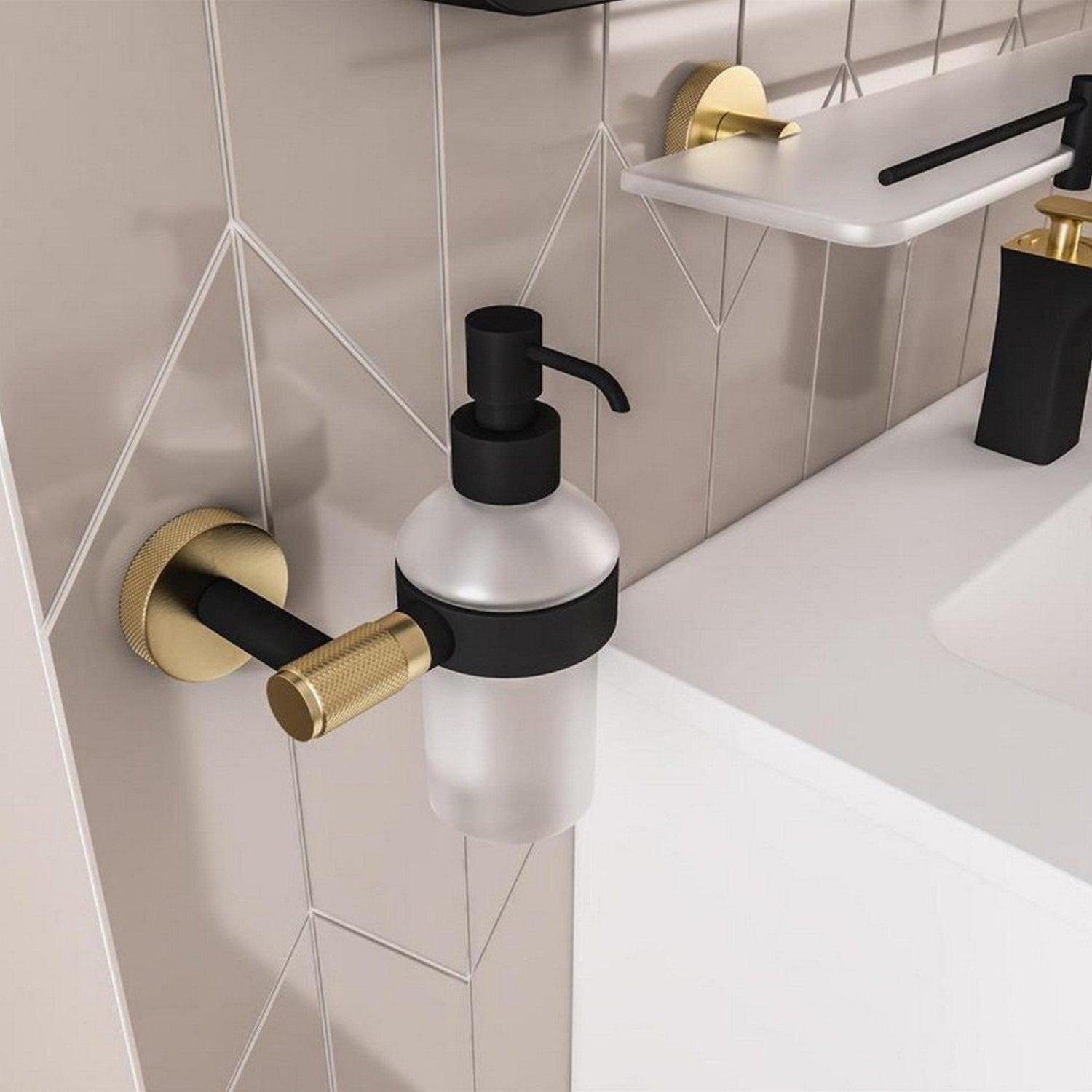 Eastbrook Catania Soap Dispenser in Matt Black and Brused Brass lifestyle 2