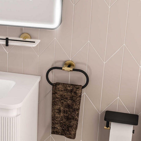 Eastbrook Catania Toilet Roll Holder with Shelf in Black and Brass lifestyle