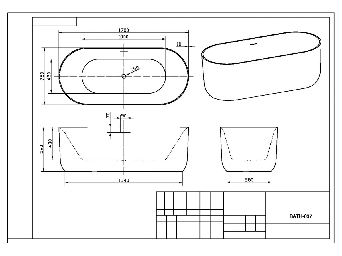Eden 1700 x 750mm Oval Freestanding Bath in Gloss White Line Drawing