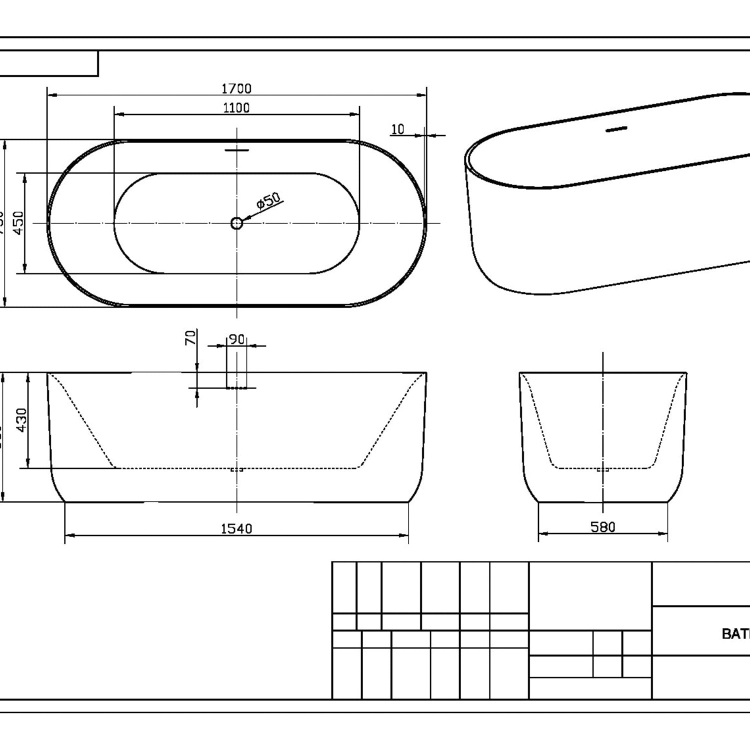 Eden 1700 x 750mm Oval Freestanding Bath in Matt White Line Drawing