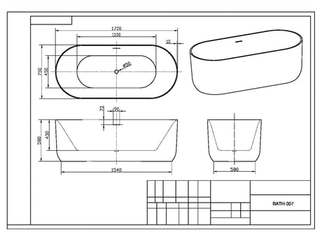 Eden 1700 x 750mm Oval Freestanding Bath in Matt White Line Drawing