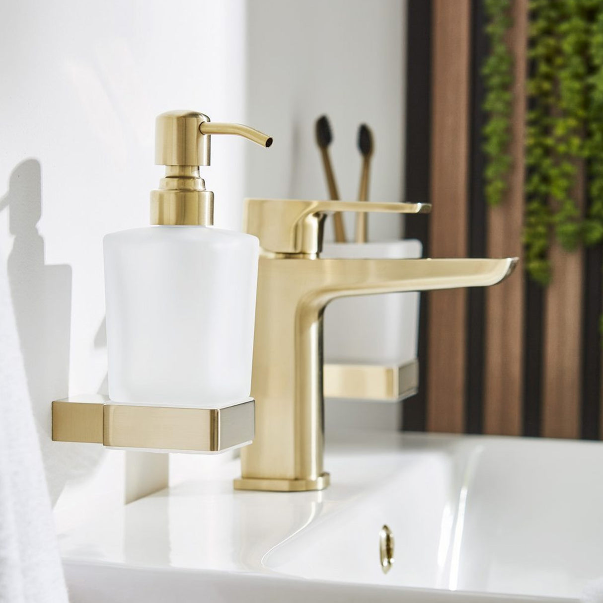 Kartell Kolt Mono Basin Mixer with Click Waste in Brushed Brass lifestyle