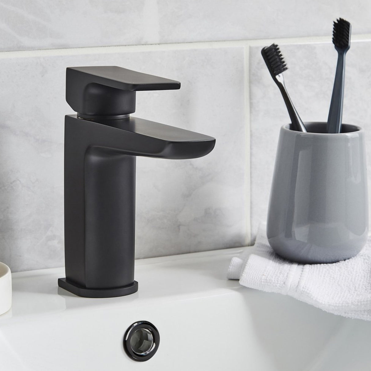Kartell Kolt Mono Basin Mixer with Click Waste in Matt Black lifestyle