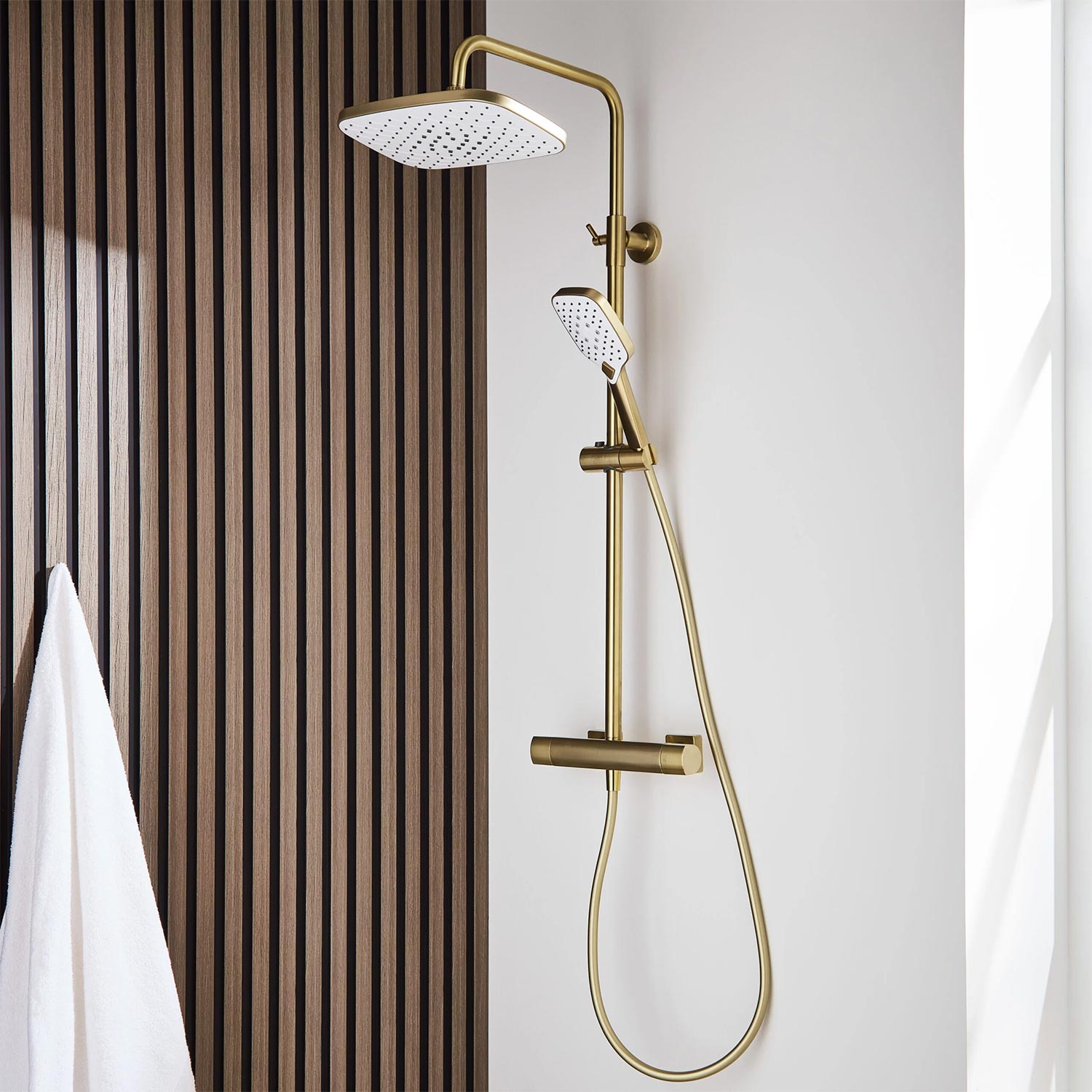 Kartell Kolt Square Exposed Bar Shower with Drencher and Sliding Handset in Brushed Brass lifestyle