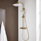 Kartell Kolt Square Exposed Bar Shower with Drencher and Sliding Handset in Brushed Brass lifestyle