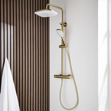 Kartell Kolt Square Exposed Bar Shower with Drencher and Sliding Handset in Brushed Brass lifestyle