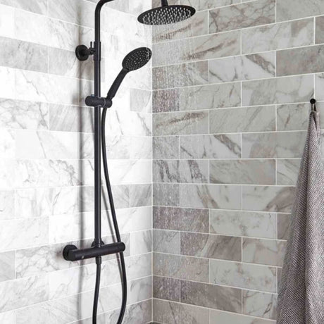 Kartell Nero Round Exposed Bar Shower with Drencher and Sliding Handset in Matt Black lifestyle