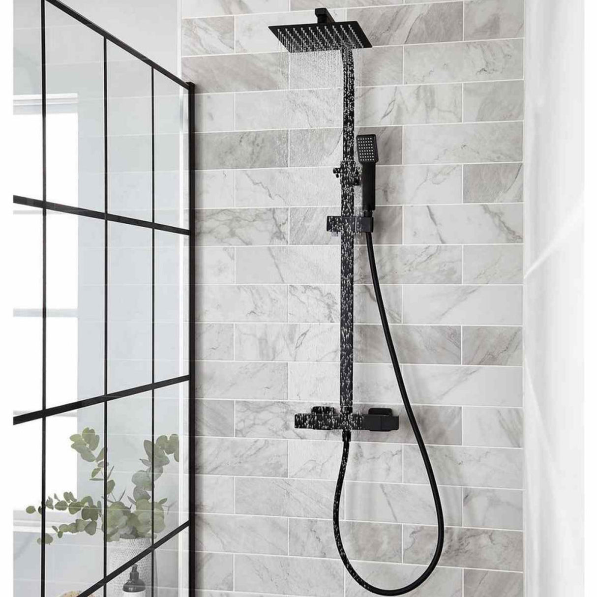Kartell Nero Square Exposed Bar Shower with Drencher and Sliding Handset in Matt Black lifestyle