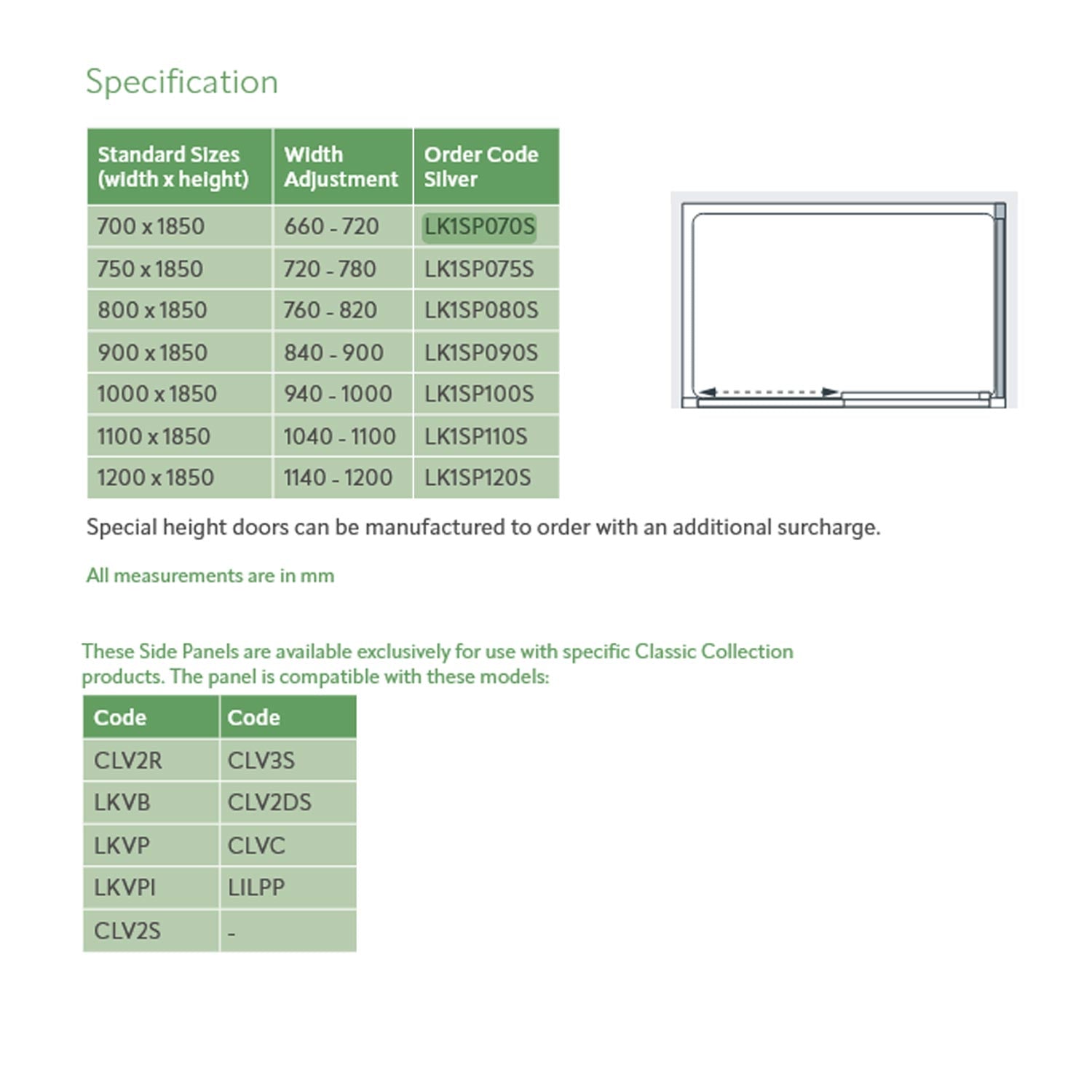 Lakes 6mm Framed Side Pannel for the Classic Range Specifications