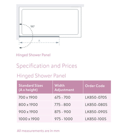 Lakes Coastline Alassio Walk In Shower Screen Dimensions