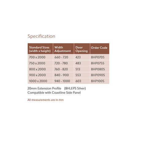 Lakes Coastline Narva Pivot Shower Door specification