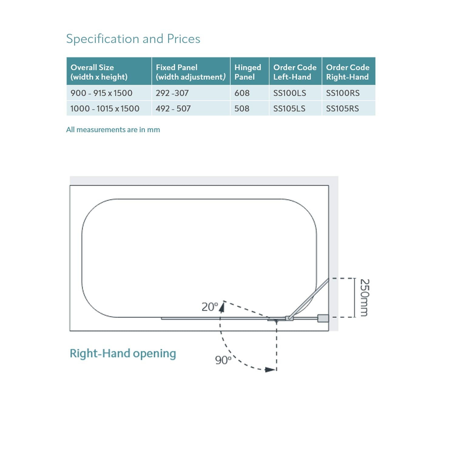 Lakes Coastline Right Hand Hinged Bath Screen specifications