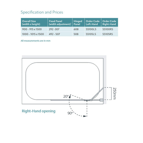 Lakes Coastline Right Hand Hinged Bath Screen specifications