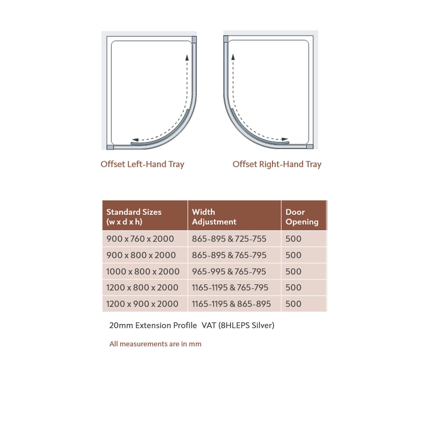 Lakes Coastline Sorong Single Door Offset Quadrant Enclosure dimensions