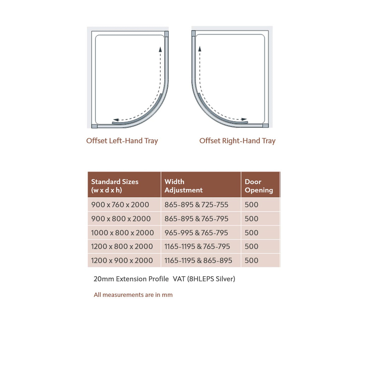 Lakes Coastline Sorong Single Door Offset Quadrant Enclosure dimensions